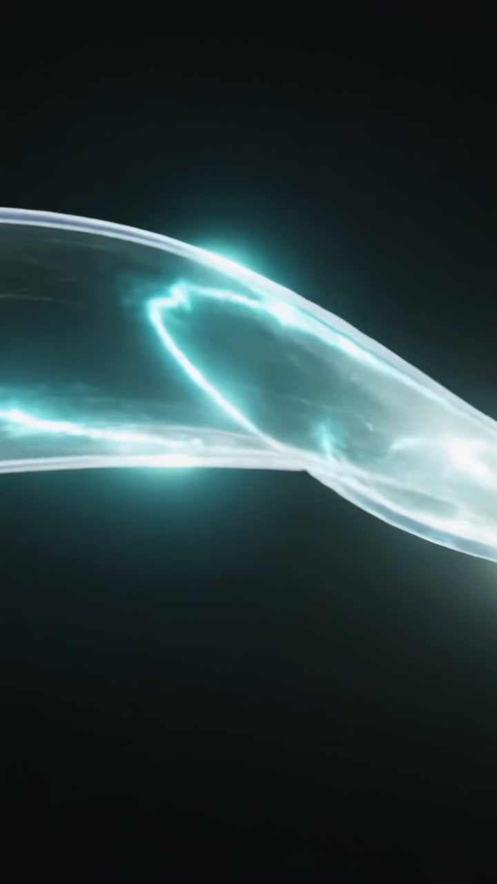 Vertical video: Appearing lit ribbon moving and twisting in black void showing teal veins as demo