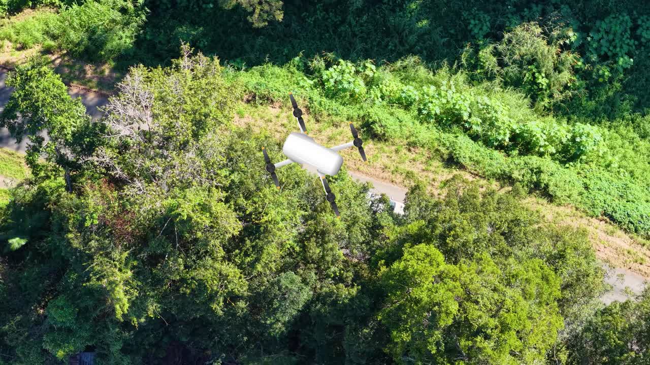 Aerial view of a drone flying over a forested road with a moving vehicle, highlighting lush greenery and dynamic motion