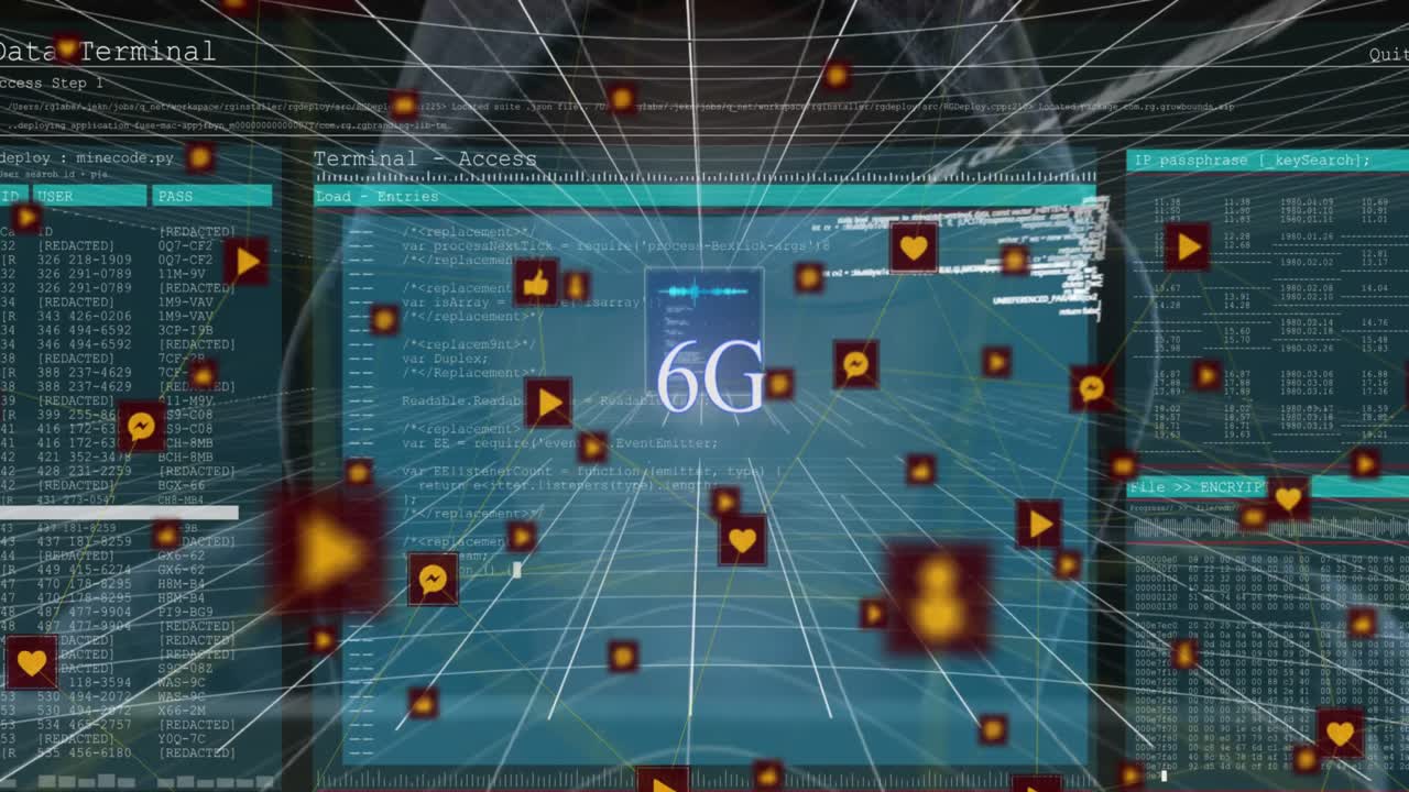 Animation of falling icons over data processing