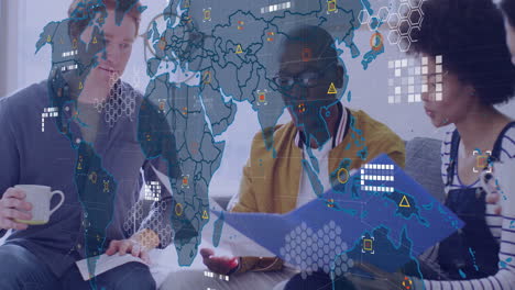 diverse team discussing documents with global data processing animation overlay