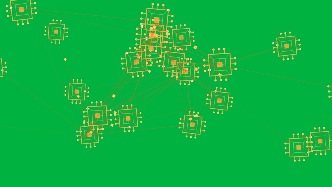 Data pulse driving chip cluster forming hub, orange links bundling, showing ties, transparent bg