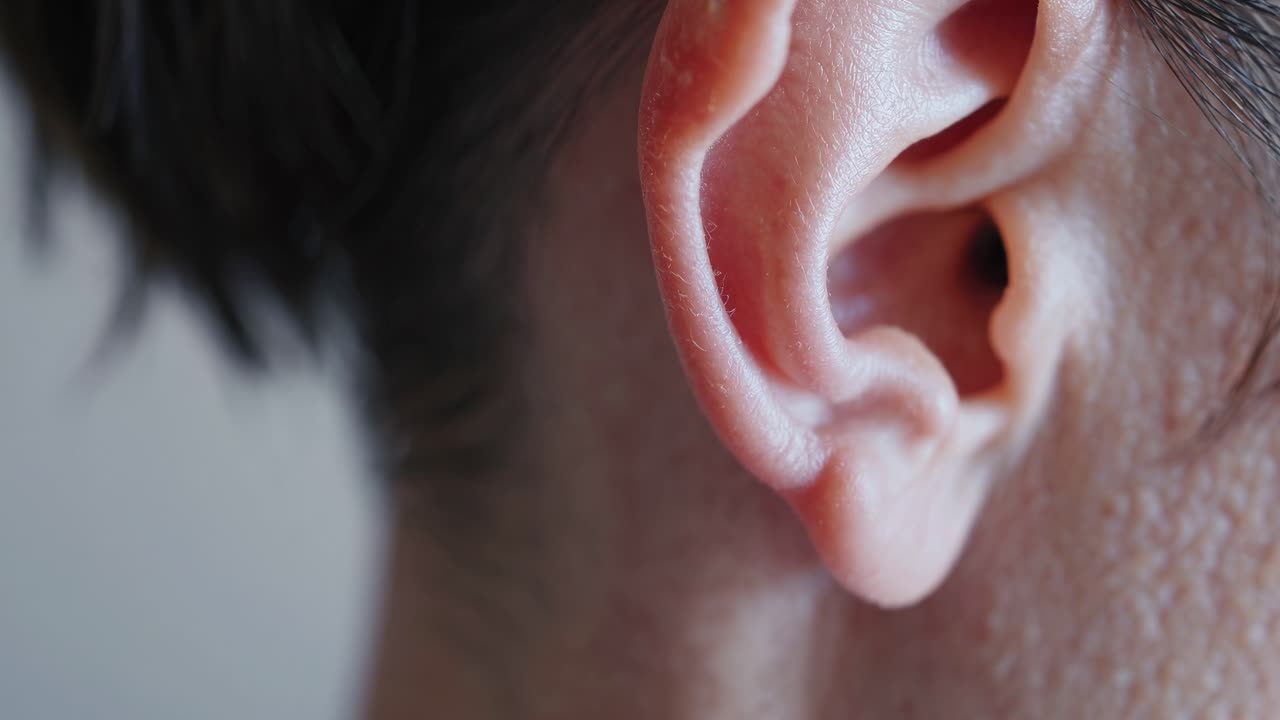 Angolazione video in primo piano di un orecchio, che evidenzia la texture e i dettagli. Lo stile è intimo e mirato