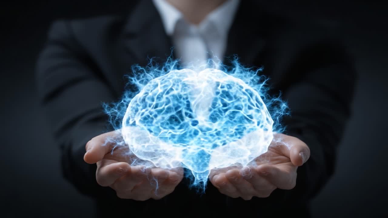 Una rappresentazione visiva dinamica dell'energia che si manifesta sotto forma di cervello, a simboleggiare il pensiero, la creatività e l'innovazione in un contesto professionale