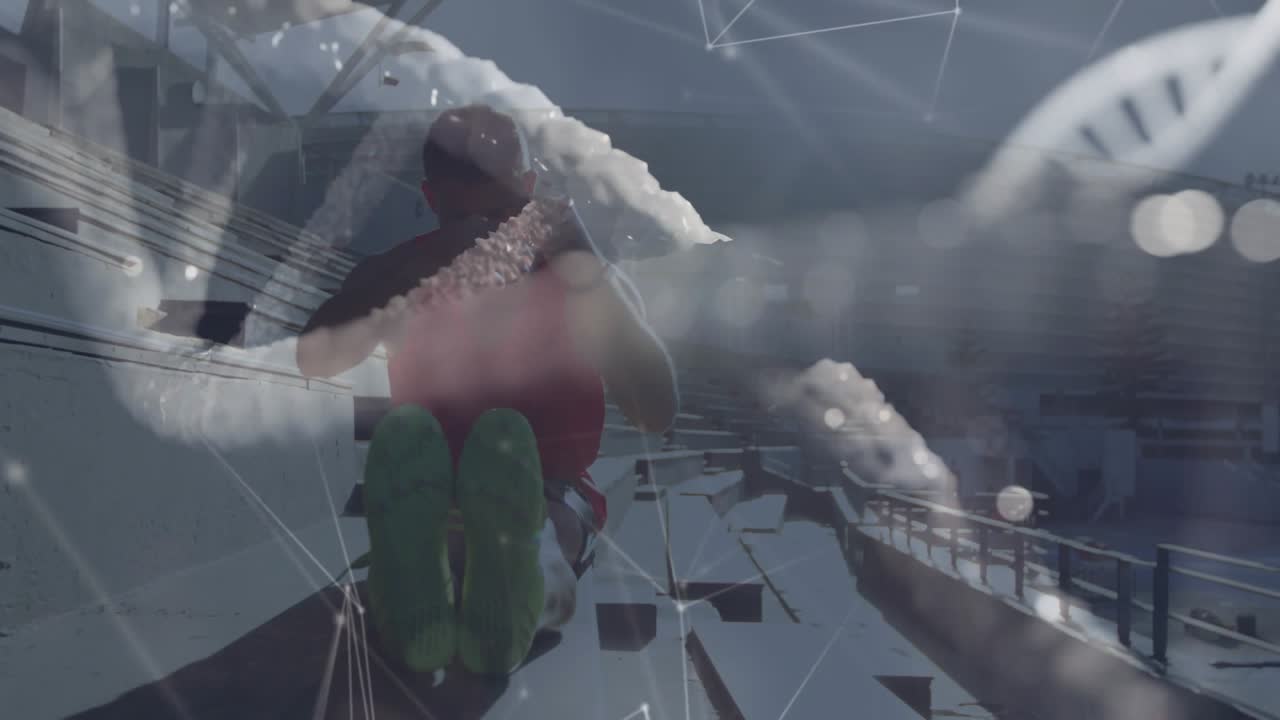 Man starting reclined doing crunches on concrete steps while helix drifting obscuring for fitness