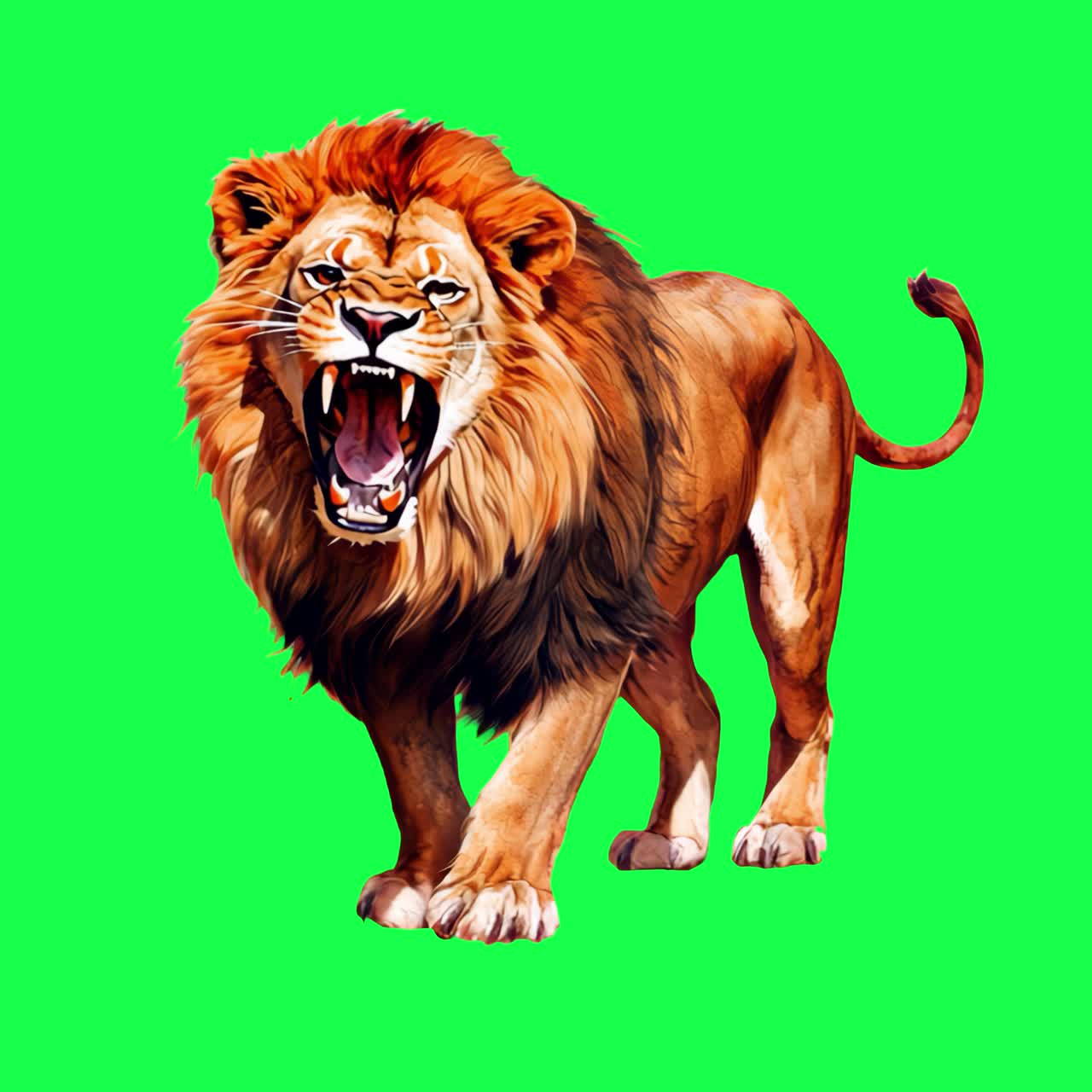 Roaring male lion animation, transparent 4K video, green screen