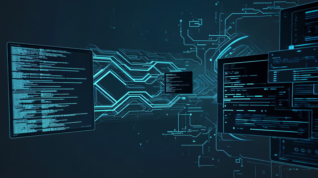 Forming neon blue circuitry in cyberspace code panels sliding and revealing window linking data