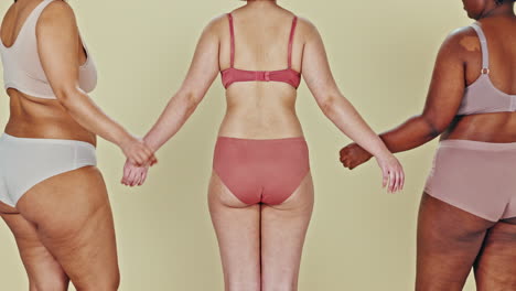 Body-positive,-underwear-or-back-of-women-hug