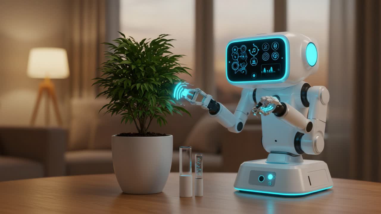 A futuristic robot tending to a plant in a cozy indoor environment, showcasing advanced technologies and interactions with nature through smart gardening