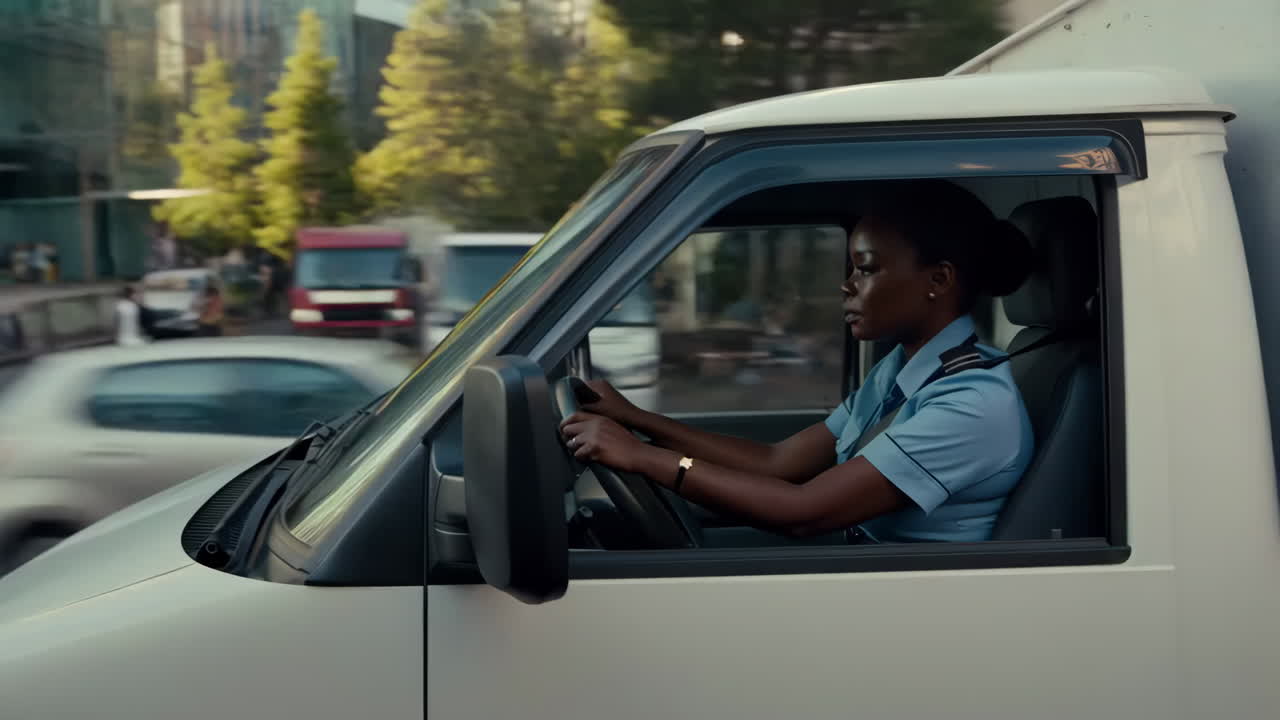 Woman driving a van in the city