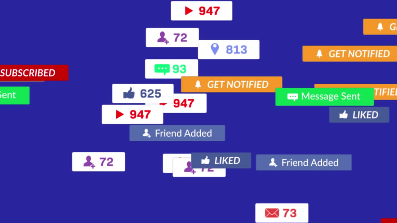 animación de múltiples textos en barras multicolores y múltiples iconos en barras contra un fondo azul