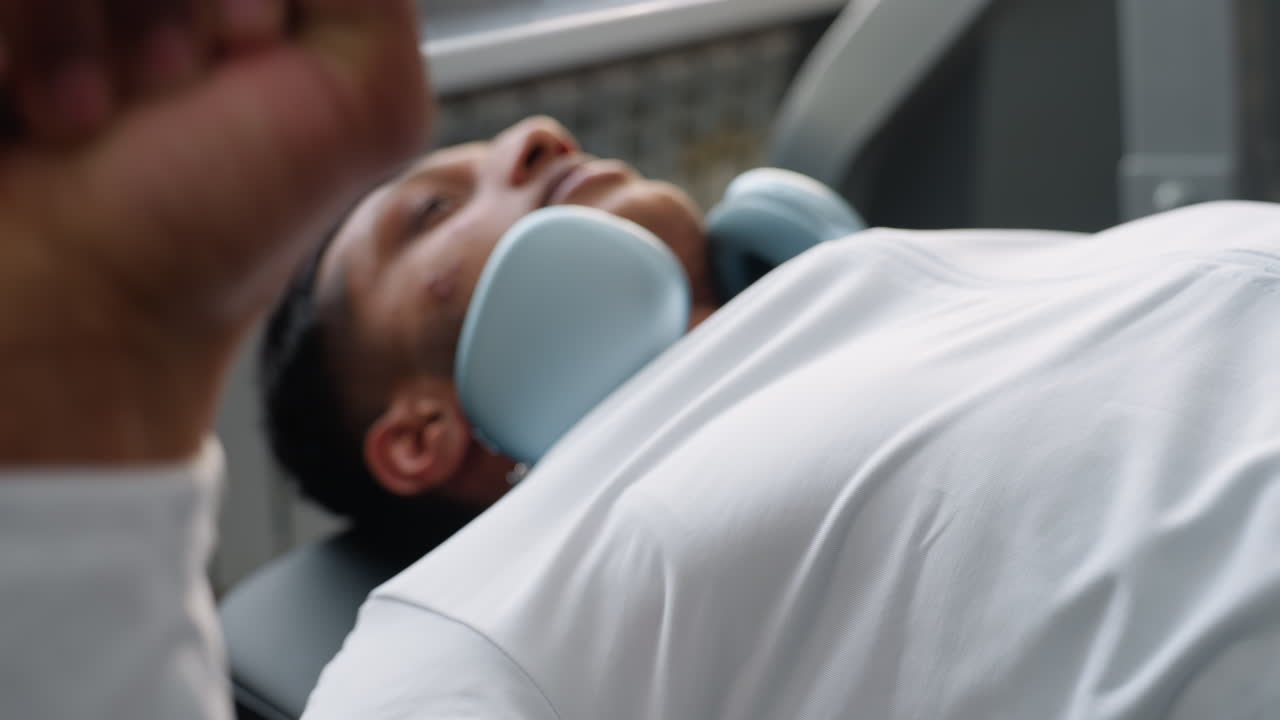 close up of man in white jacket with headset around neck lying on bench press machine pushing barbell upward, focus on muscle tension posture control during intense strength training session