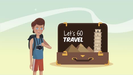 lets go travel lettering in suitcase and male tourist