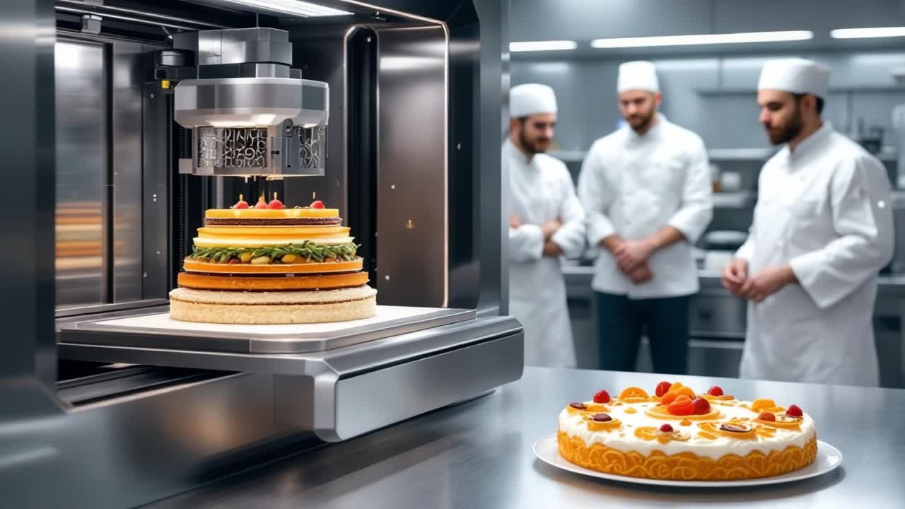 Food 3D printer crafting a layered cake while chefs observing in a bustling professional kitchen, highlighting innovation in culinary technology