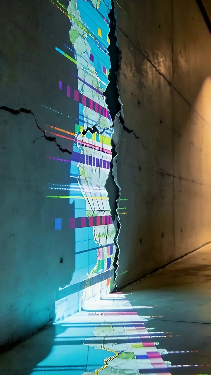 Vertical video: Starting projector projecting bars along concrete fissure onto floor warm light