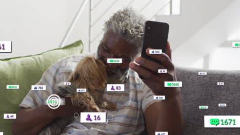 Animation-of-social-media-text-and-icons-over-senior-african-american-man-with-dog-at-home