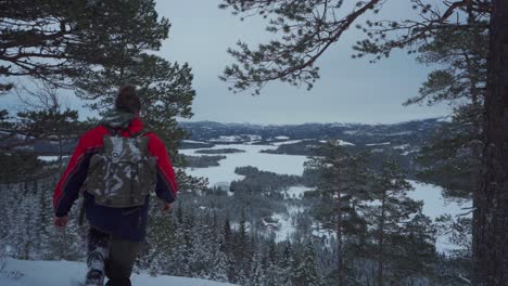 hiker with backpack admire the beauty of snow-covered forest at winter from the mountain