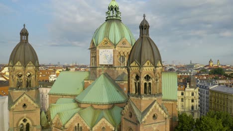 Fixed-Aerial-Close-Up-of-St-Luke's-Church-in-Munich,-Germany