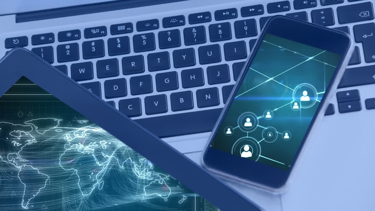 animación de la red de conexiones mostrada en dispositivos electrónicos y teclado de computadora