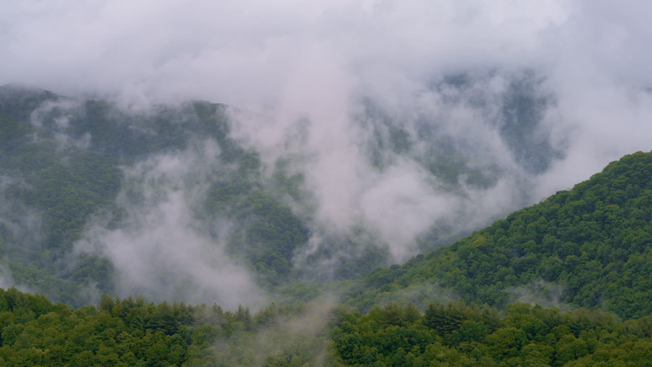 Smoky Mountain ridges lost in fog, drone captured