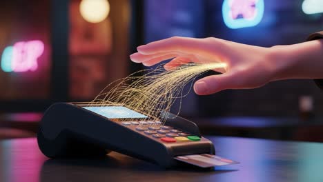 a futuristic touchless payment experience featuring a hand interacting with a payment terminal, showcasing advanced technology and innovative transaction methods