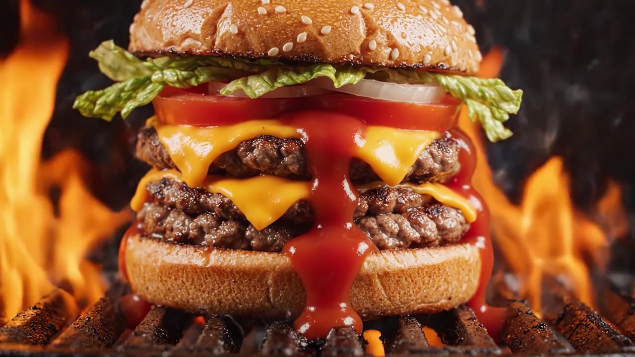 Saftig dobbelt-cheeseburger med smeltet ost, friske grøntsager og dryppende ketchup omgivet af flammer på grillen, perfekt til enhver grillfest