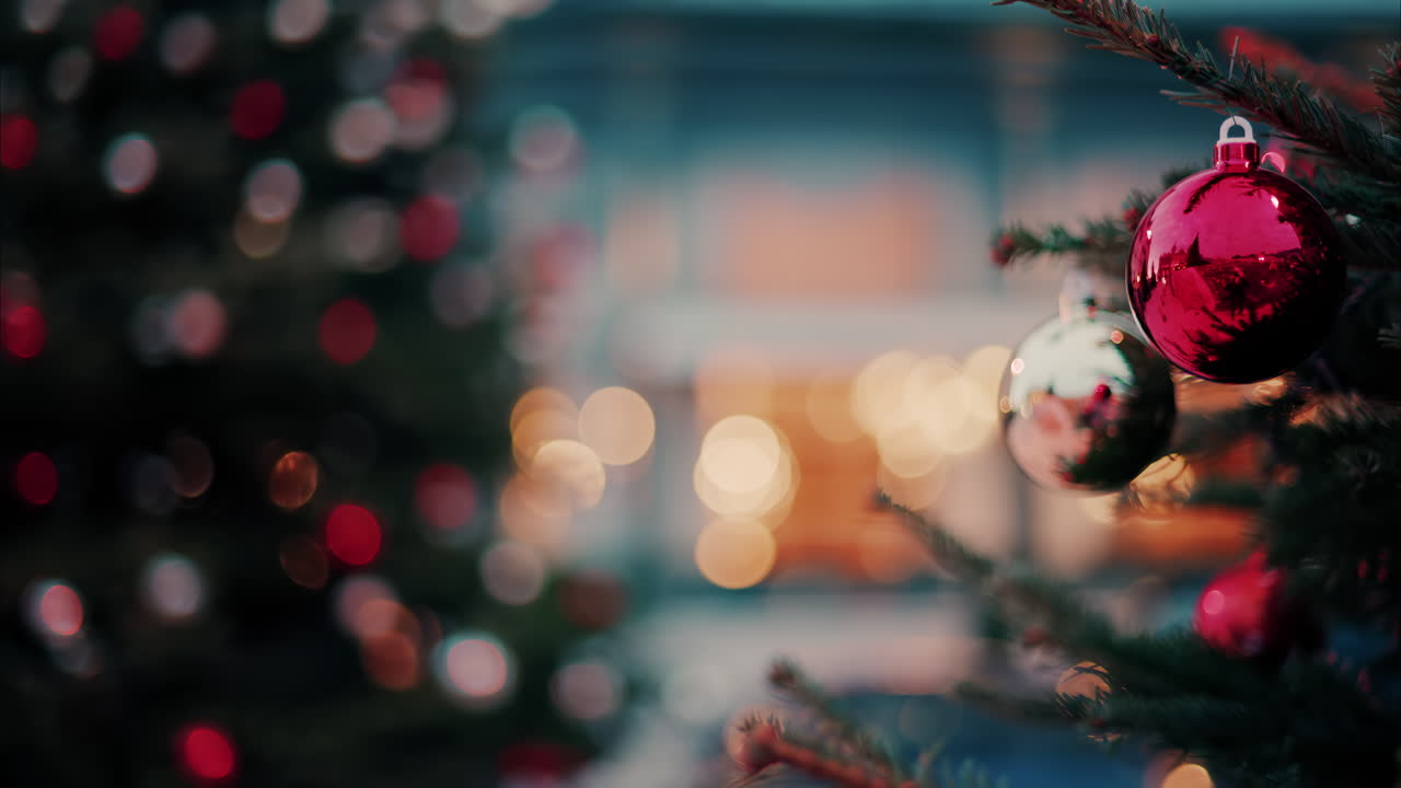Close up of decorations on a Christmas tree in front of the Monte Carlo Casino in Monaco