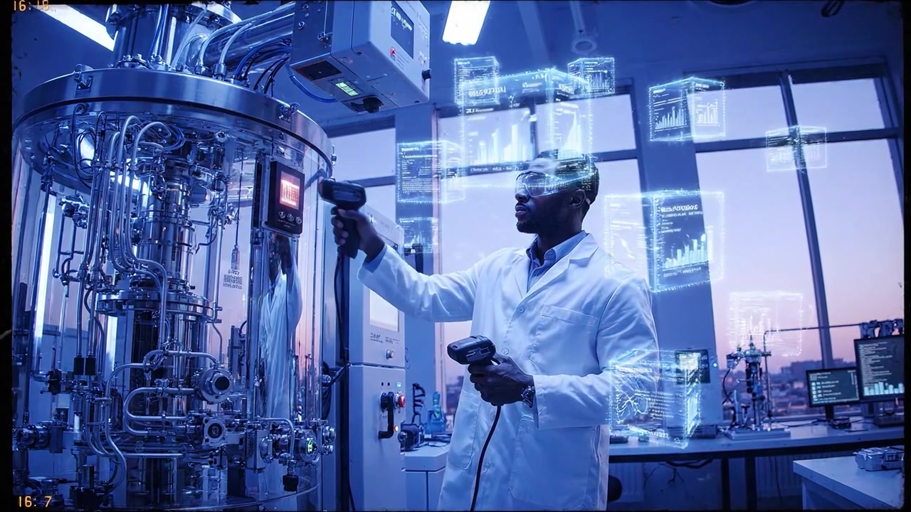 Scientist Analyzing Industrial Equipment with Holographic Data in a Modern Lab