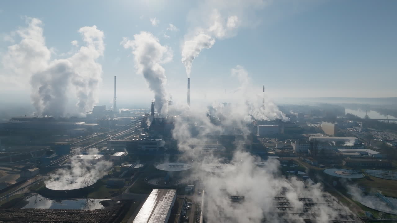 Ampia panoramica aerea del campus industriale a Štětí, che mostra grandi edifici, depositi di serbatoi, bacini circolari e diverse ciminiere attive sotto la chiara luce del giorno