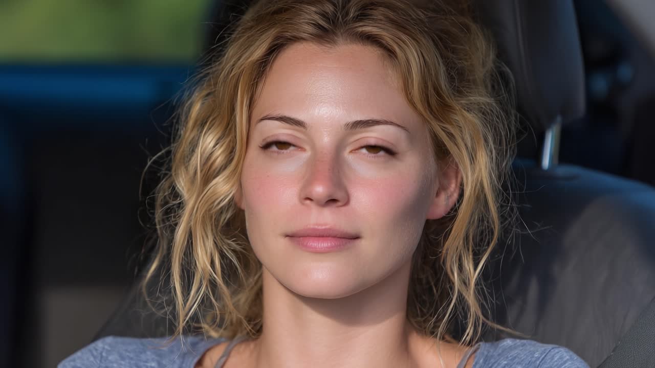 A serene moment captured within a car, showcasing a woman's transition from a peaceful, relaxed expression to an attentive gaze, highlighting emotional depth and connection to the surroundings