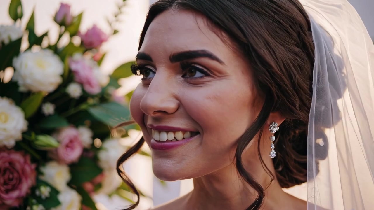 Sposa sorridente che guarda lo sposo durante la cerimonia nuziale