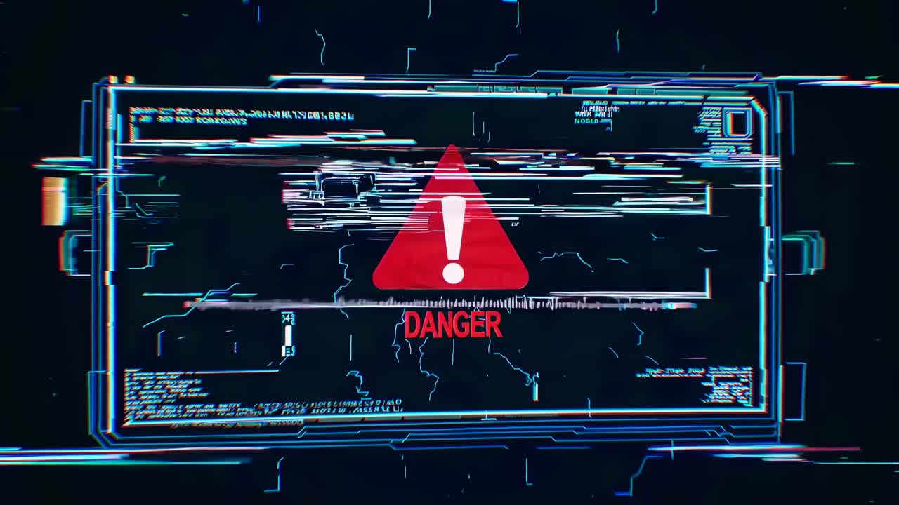 Glitchy digital screen with a red triangle warning sign. Bold 'DANGER' text below. Distorted lines