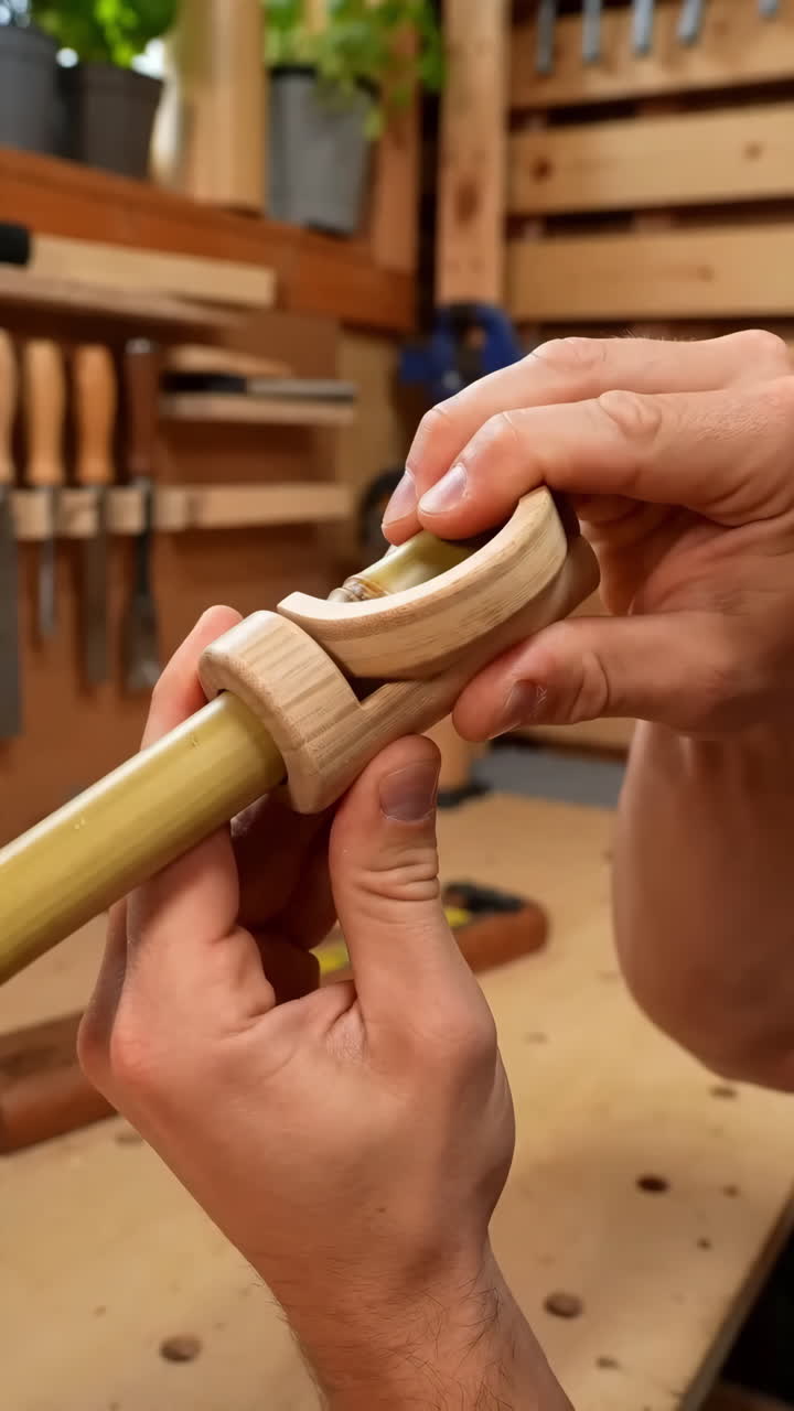 Hands Assembling Bamboo Whistle In Woodshop, White Carpenter Fits Carved Wooden Ring Onto Bamboo Mouthpiece,