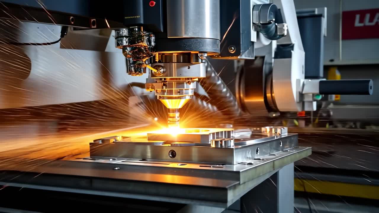 Dynamic video of a CNC machine cutting metal, captured from a low angle, showcasing sparks
