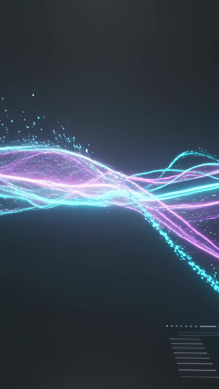 Vertical video: Starting left entry, cyan magenta ribbons crossing dim void, emitting HUD sparks