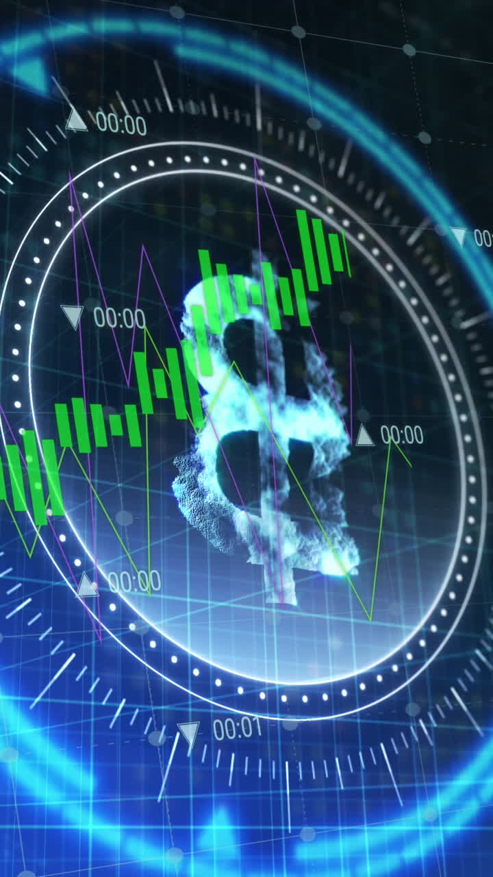 animación del símbolo de bitcoin en el bloqueo giratorio de la caja fuerte sobre el procesamiento de datos financieros