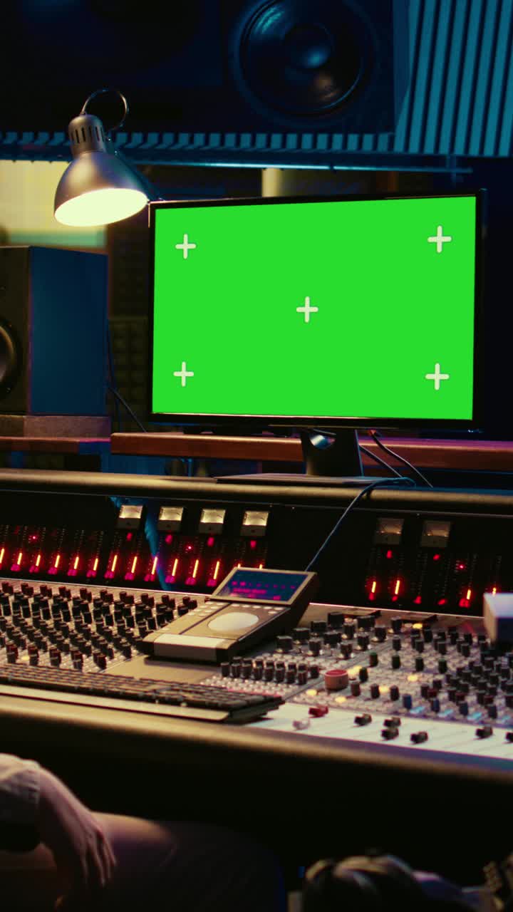 Ingegnere del suono che modifica il mixer audio in uno studio di registrazione professionale con monitor con green screen