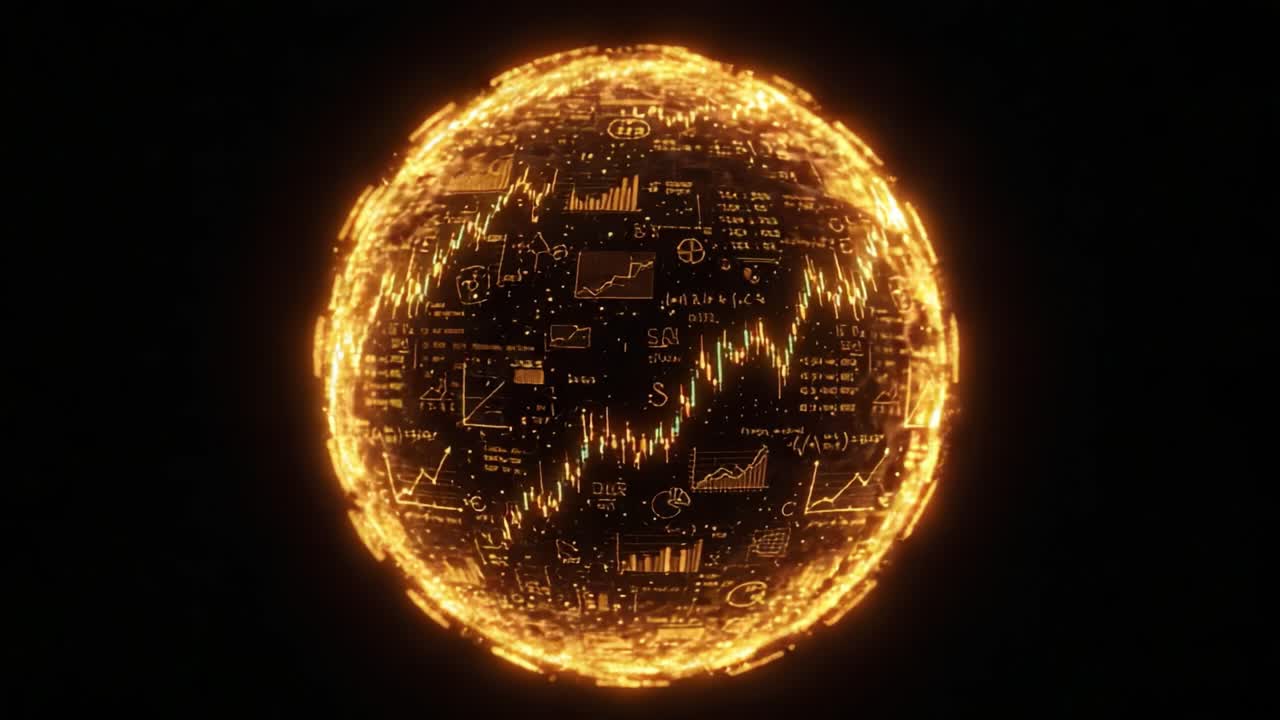 A glowing, spherical data visualization filled with intricate graphs, charts, and mathematical symbols representing financial markets and statistical analysis