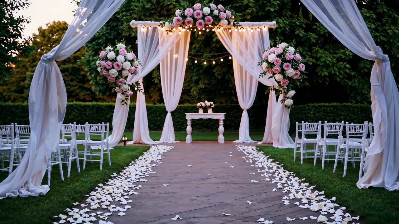 Romantica ambientazione per un matrimonio all'aperto con drappeggi in tessuto e archi floreali