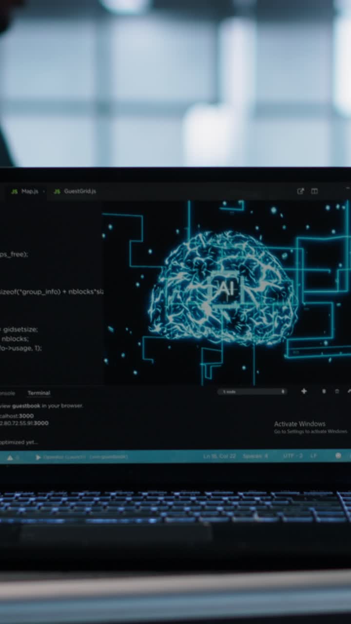 Vertical video Notebook used by AI IT experts, close up