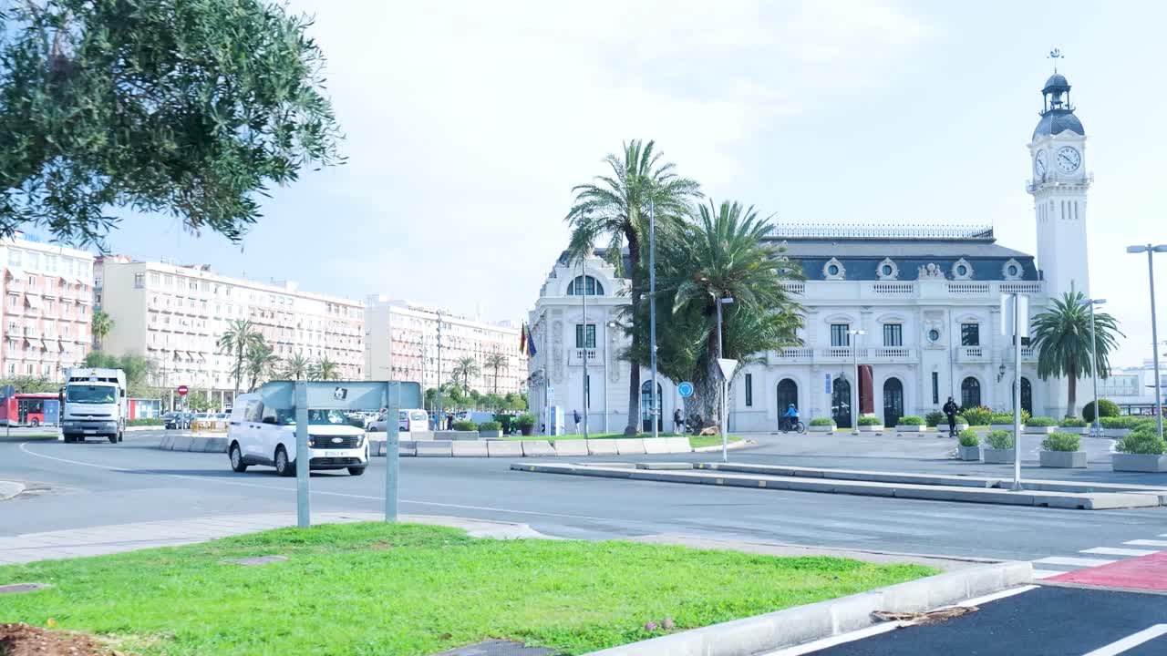 City Street Scene with Trash Truck and City Hall