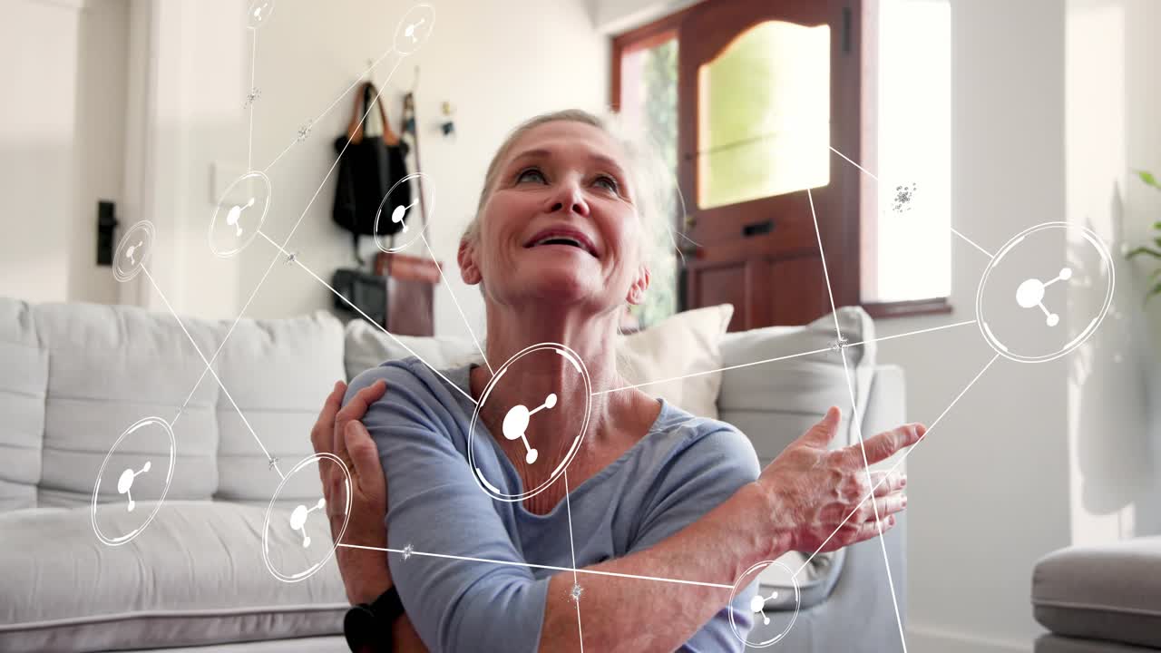 Woman initiating shoulder routine by wrapping arms and stretching for health, nodes tracking motion