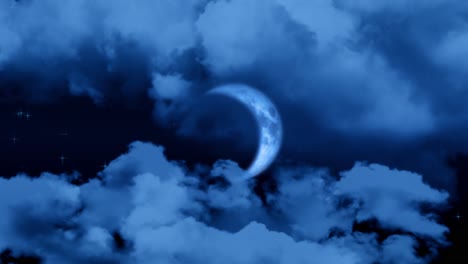 Animation-of-the-waxing-crescent-moon-on-a-cloudy-blue-night-sky-with-flickering-stars