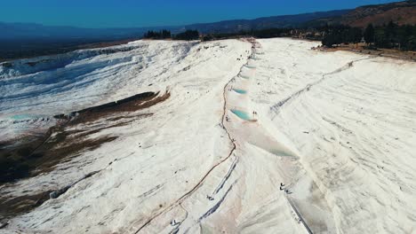 Vídeo-Aéreo-De-Drones-4k-De-Una-Atracción-Turística-Pamukkale,-Piscina-Natural-Con-Agua-Azul,-Minerales-Calcáreos-De-Pavo