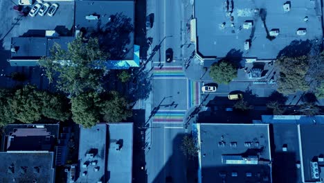 vancouver davie village jim devo square aerial drone hold overlooking birds eye view top of the retail business in between iconic hamburger diner and convenient store with 3 rainbow flag roads at bute