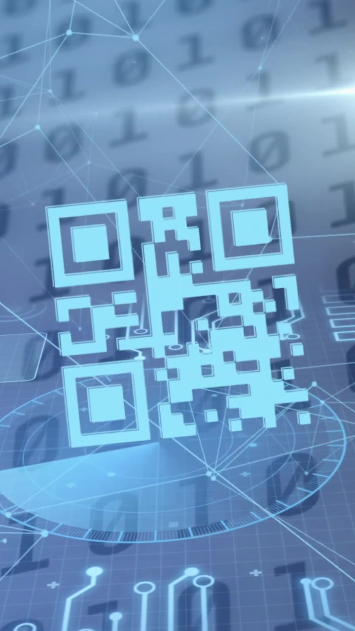 Animation of qr code and data processing over binary coding in background