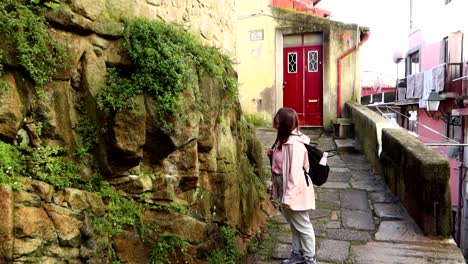 Mujer-Admirando-Las-Plantas-Que-Crecen-En-Una-Pared-De-Roca-Al-Final-De-La-Estrecha-Calle-Rua-Das-Aldas-En-Porto,-Portugal