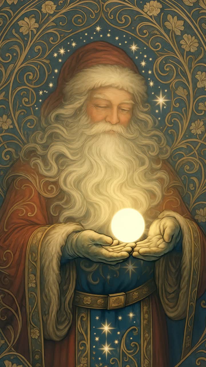 A magical, vintage-style illustration of Santa holding a glowing orb