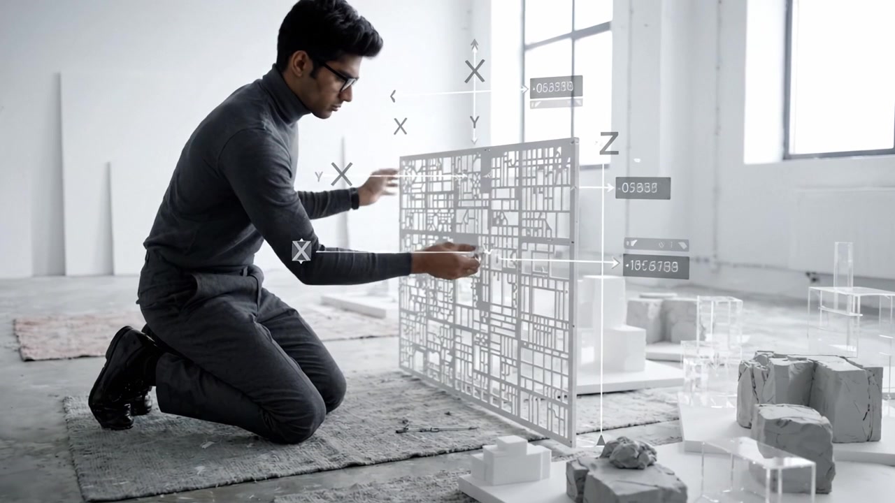 Um designer focado organizando meticulosamente um modelo arquitetônico conceitual em um espaço claro e aberto, demonstrando criatividade e precisão no planejamento espacial