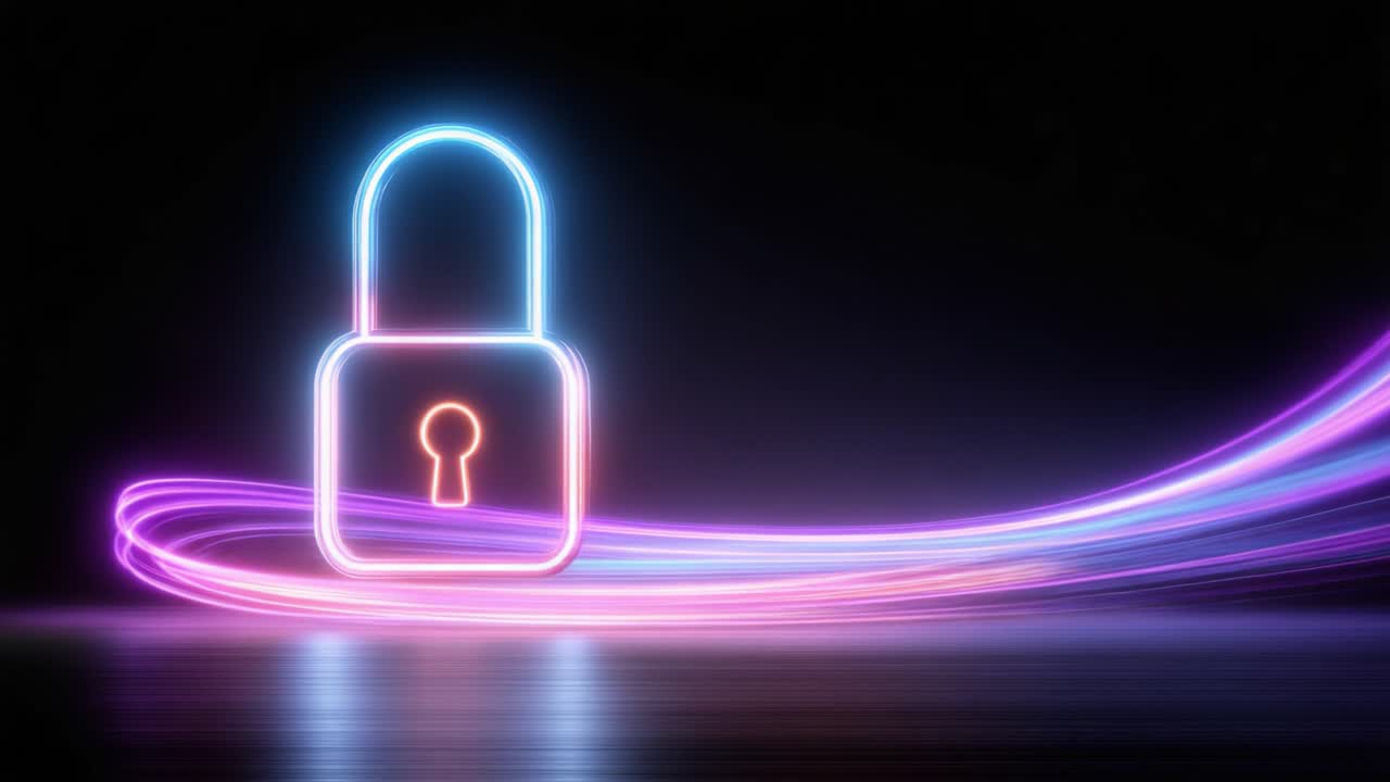 Un Accattivante Lucchetto al Neon che Simboleggia Sicurezza e Protezione in un Vibrante Flusso di Luce, Raffigurante l'Importanza della Sicurezza nell'Era Digitale