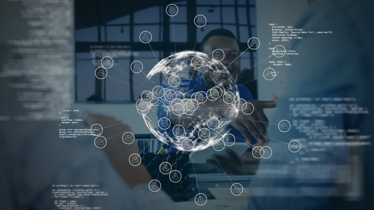Digital globe and data processing symbolize tech-driven business networking.